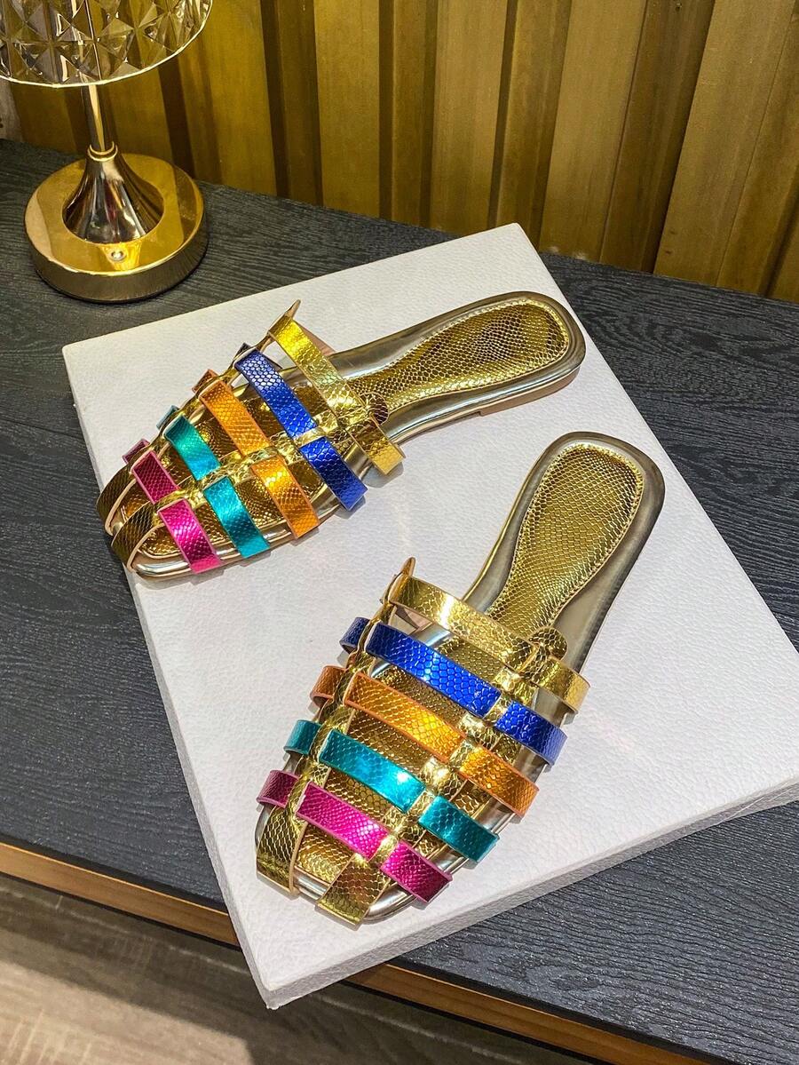 Dép lê đế bằng dệt cầu vồng dành cho nữ, đế mềm chống trơn trượt, giày đi biển đa năng cho kỳ nghỉ hè. - Nhiều màu - Xem 1