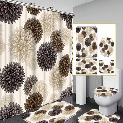1/3/4 件套复古水墨大丽花浴室浴帘套装；奢华艺术设计，防水耐用，适合浴室装饰及配件。尺寸：71 英寸 x 71 英寸，包含 12 个挂钩、马桶盖、浴垫和地毯，采用优质涤纶面料制成，可水洗且防霉。
