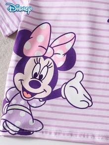 Disney 迪士尼女婴两件套可爱米妮条纹印花短袖睡衣套装，休闲儿童日常家居服，薰衣草色圆领短袖上衣和条纹松紧腰短裤 - 淡紫色 - 查看 6