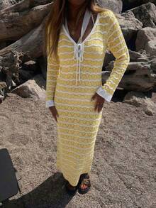 Đầm đi biển dáng rộng kẻ sọc thắt nút dành cho nữ, thích hợp cho kỳ nghỉ. - Màu be và trắng nhạt - Xem 8