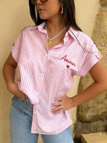 Solstice Apparel Pink White Vertical Stripe Collar Short Sleeve Shirt, Amour Heart Letter Embroidery Cuffed Casual Blouse Summer - Pink - View 1