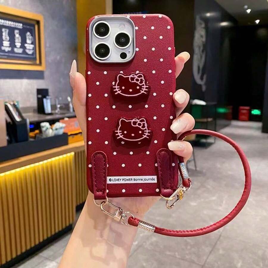 SANRIO 极简韩版软壳手机壳，兼容 16、15 Pro Max、17/14、13（波点卡通小猫图案）、12 Pro Max、11、XS，防摔皮革质感 - 紅色 - 查看 1