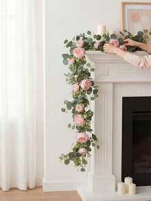 1 pieza Corona de flores artificiales, corona floral de eucalipto de primavera con peonía vintage, rosa y vid, hojas verdes, decoración de pared, decoración de arco de boda, decoración de fiesta - Rosa Pálido - Ver 3