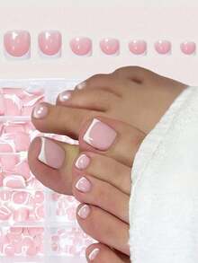 144pcs/Box Pink Toe Nail Press Ons Square French Tips Toe Press On Nails Pre-Designed Soft Gel Thick False Toenail Extension Acrylic Full Cover Fake Toenails Nail Supplies, Nails, Summer, Press On Nails - 多色的 - 查看 6