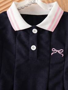 Baby Girls' Summer New Cute Bow Embroidered Colorful Striped Lapel Polo Collar A-Line Casual Dress, Suitable For Outdoor Wear - Royal Blue - View 5