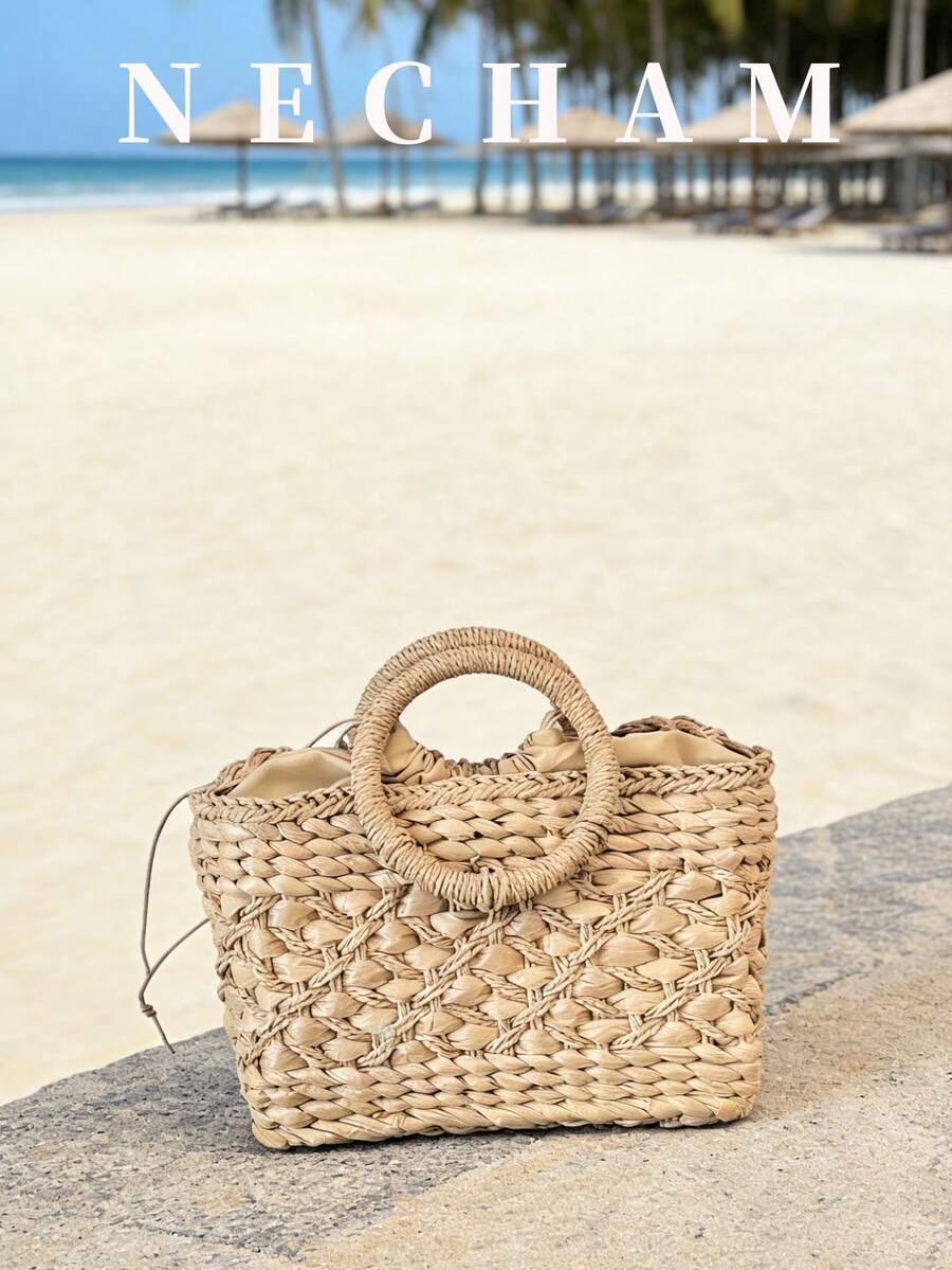 1pc Summer New Solid Color Straw Tote Bag, Simple Casual Large Capacity Shoulder Bag For Daily Use - Khaki - View 1