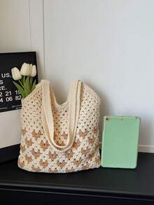 Hollow Woven Heart Crochet Lining Ins Style Shoulder Bag, Minimalist Cotton Crochet Tote Bag Suitable For Commuting, Daily Use, Student, Beach, Vacation - Beige - View 10