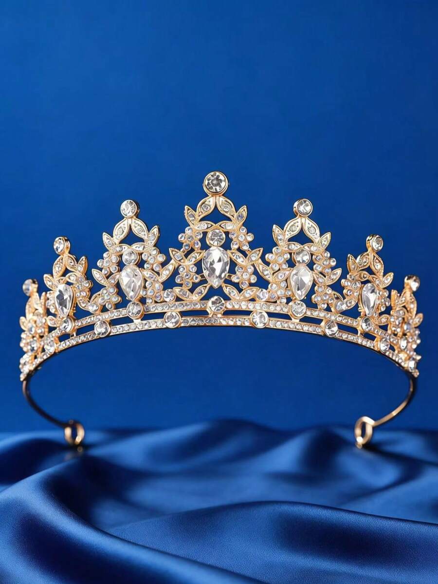 1pc Women's Red Gold Rhinestone Bridal Crown, Elegant Elegant Suitable For Wedding, Ball, Party Wear Bride Headband - Gold - View 1