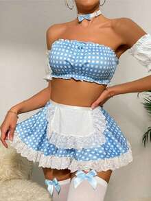 3 Pieces Set Blue White Checkered Bandeau Maid Uniform Set, Sexy Lace Apron Sleeve Loungewear, Pure Desire Sweet Girl Pajamas, Popular Atmosphere Home Wear, French Retro Lolita Style, Date Outfit, Photogenic, Pure Desire Top, Sexy Lingerie, Maid Cosplay, Role Play, Sexy Nightdress, Home Wear Set - 藍色 - 查看 4