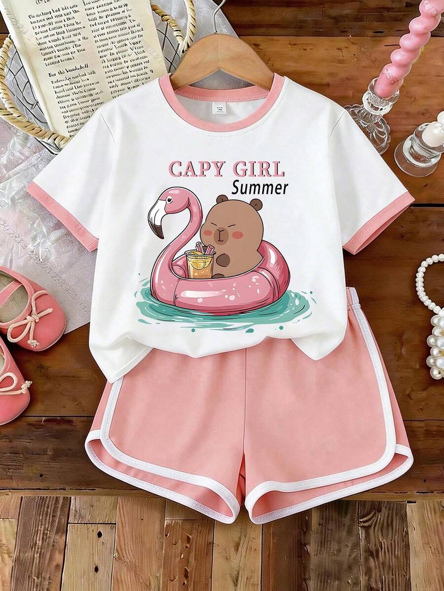 2pcs Girls' Cute Cartoon Summer Print T-Shirt And Shorts Set, Soft & Comfortable Fabric, Spring/Summer - Multicolor - View 1