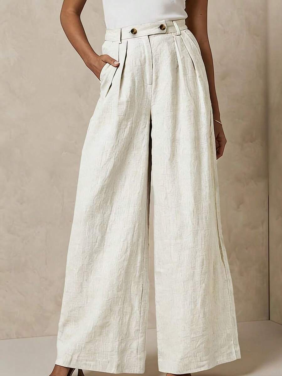 Pantalones de mujer de cintura alta y pierna ancha, estilo suelto y plisado con bolsillos, adecuados para el lugar de trabajo, la oficina, el casual, la playa, los viajes, versátiles - blanquecino - Ver 1