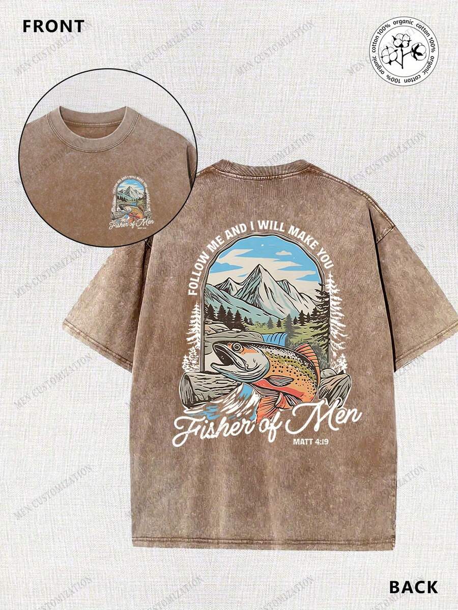 Matthew's Gospel, Fishing, Fisherman, Religion, 230g Double-Sided Printed Batik Vintage Washed T-Shirt, 100% Cotton, Comfortable For Summer Wear, Simple And Casual, Men's Cool Short-Sleeve T-Shirt - 咖啡棕 - 查看 1