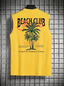 Côtier , Débardeur graphique décontracté pour hommes, imprimé pour les vacances à la plage en Californie , Convient pour le port estival , Confortable et respirant , Style - Jaune citron - Voir 4