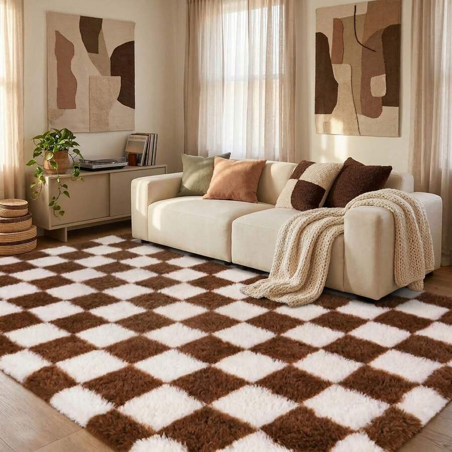 Soft Shaggy Area Rug For Living Room, Thick Fuzzy Rug For Bedroom, Modern Spring Decor Aesthetic, Upgrade Non-Slip Fluffy Carpet, Ideal Gift For Mother's Day Housewarming, Easter, Dry Clean Only, With 4 Carpet Stickers, Beige & Coffee Brown Plaid - Lưới cà phê màu be - Xem 1