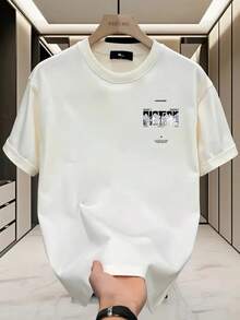 Camiseta Blanca Minimalista para Hombre - Ligera, Transpirable, de Cuello Redondo y Manga Corta con Estampado Geométrico en el Pecho, Camisa Casual para Uso Diario en Todas las Estaciones, Corte Regular para Moda Urbana y Combinaciones Versátiles, Diseño Sencillo para Todo el Año - Blanco - Ver 8