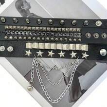 3件套黑色哥特式PU皮革铆钉朋克手链男士手链 - 黑色#1 - 查看 5