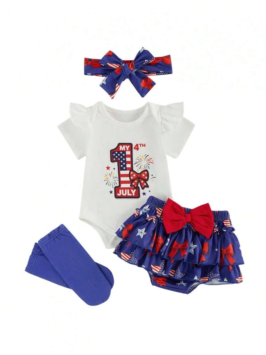 My First 4th Of July Outfit Baby Girl Letter Romper +Star Skirt Shorts Bloomers Set Memorial Day Clothes Summer, My 1st Fourth Of July Baby Girl Outfit, Baby Girl 4th Of July Romper Dress Set, 4th Of July Baby Girl Outfit 0-3M 3-6M 6-9M 9-12M 12-18M - 白色 - 查看 1