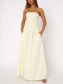 PEONY Women's Elegant French Style Solid Color Strapless Sleeveless Waist Flared Dress, Yellow, Suitable For Summer Vacation, Birthday Party, Fairy Style, Festivals, Outdoor, Graduation Ceremony, Casual Evening, Garden, Party - Light Yellow - View 10
