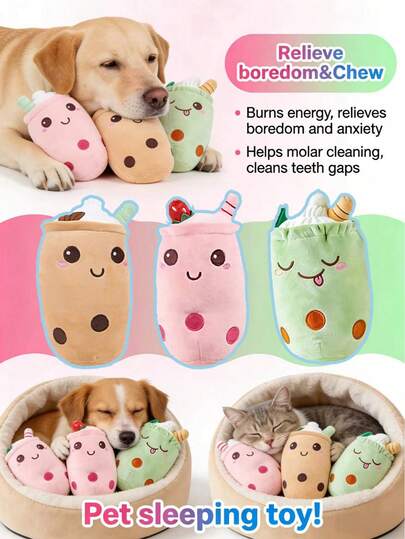 1 Đồ chơi thú cưng hình ly trà sữa dễ thương. Có thiết kế ly trà sữa sống động với khuôn mặt cười hoạt hình, chất liệu mềm mại, phụ kiện hình dâu tây và ống hút để thu hút sự chú ý của thú cưng. Được làm từ chất liệu mềm mại giúp giảm bớt sự cô đơn, xoa dịu và bầu bạn cùng thú cưng khi ngủ. Có thể dùng để gặm giúp làm sạch răng; thích hợp cho các trò chơi tương tác và trò chơi ném bắt. Lý tưởng cho chó nhỏ và vừa cũng như mèo. Đồ chơi thú cưng, vật dụng cho thú cưng.