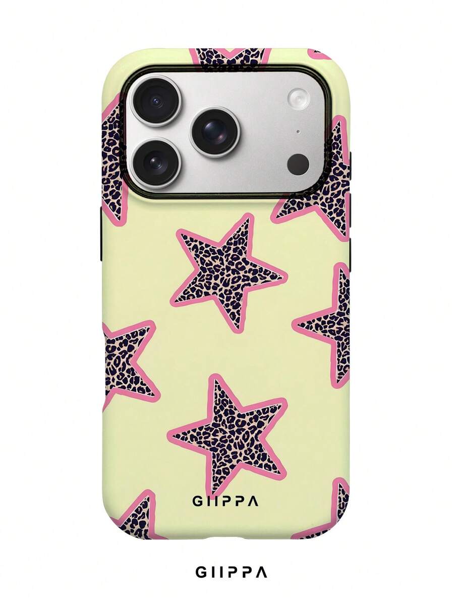 GIIPPA 1个黄色底豹纹星形图案手机壳，适用于 17 Pro Max，也适用于16 Pro Max、15 Pro Max、14 Pro Max，韩版时尚趣味手机壳，兼容 11/12/13/14/15/16 Pro Max Plus，优雅设计男女皆宜，是圣诞节、情人节、复活节、婚礼季和生日送给女友的理想礼物 - 黃色 - 查看 1