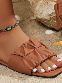 Women's Wide Width Ruched Strap Flat Sandals, Fashionable Square Toe Summer Slides, Comfortable Casual Open Toe Shoes - Brown - View 6