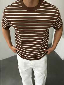 GRDR 男士休閒海軍藍與白色條紋 T 恤 - 夏季極簡時尚短袖 - 棕色 - 查看 4
