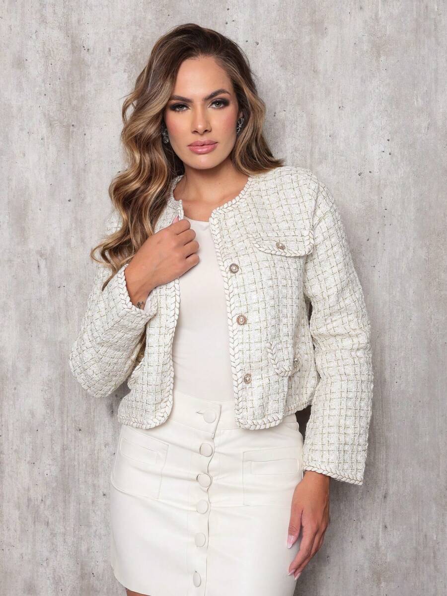 Women's Cropped Tweed Plaid Jacket - Elegant Formal Wear - 白色 - 查看 1