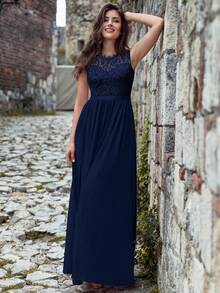 MIUSOL Floral Lace Short Sleeve Chiffon Satin Waist Formal Party Maxi Dress, Elegant Women's Party Gown, Ball Gown, Wedding Guest Dress, Graduation Ceremony Dress, Evening Gown Summer - Navy Blue - View 4