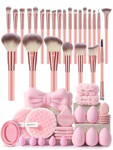 51PCS Makeup Tools Set Including:25PCS Makeup Brush Set+5PCS Makeup Sponges+5PCS Mini Makeup Sponges+5PCS Triangle Powder Puffs+5PCS Mini Air Cushion Powder Puffs+1pc Hairband+2PCS Hand Bowl Strap+1pc Makeup Brush Cleaning Tools+2PCS Facial Cleansing Sponges - Pink - View 1