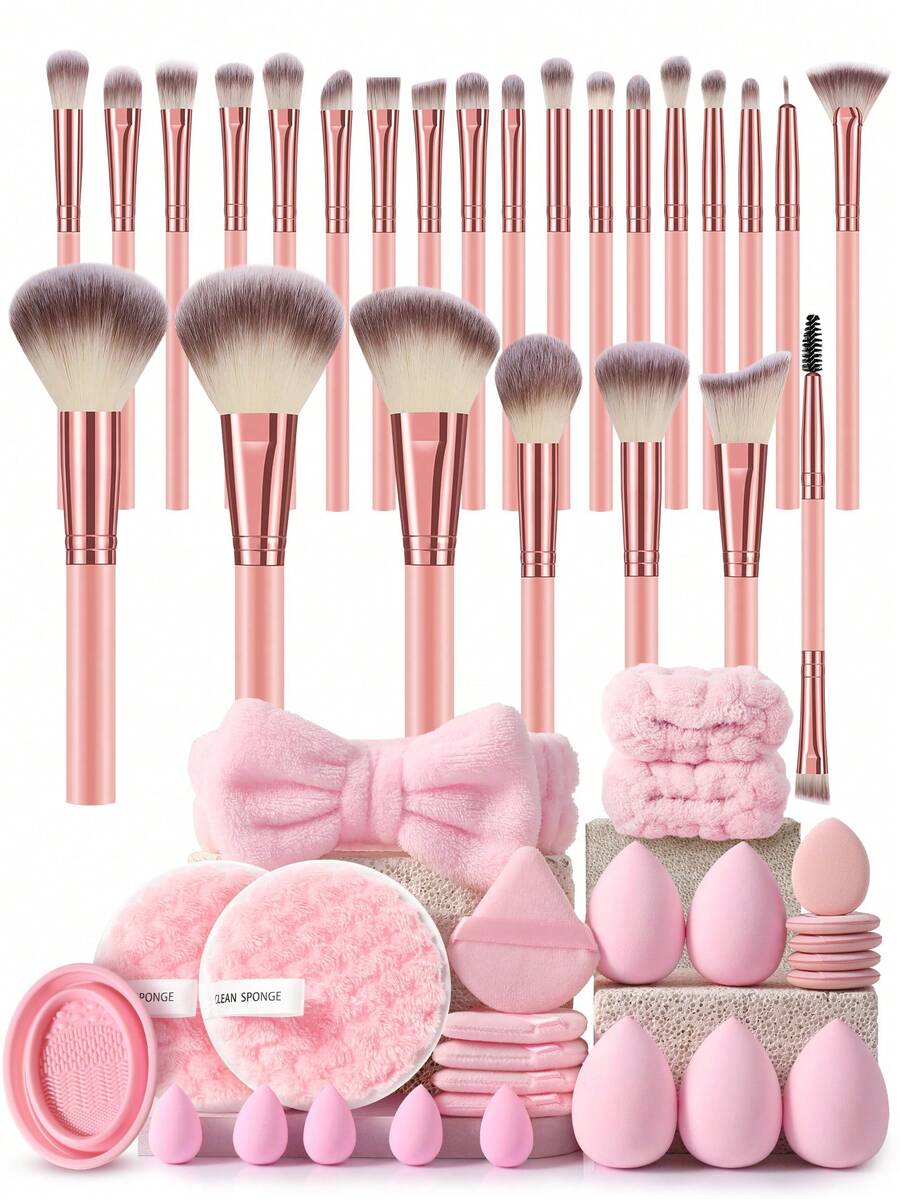 51PCS Makeup Tools Set Including:25PCS Makeup Brush Set+5PCS Makeup Sponges+5PCS Mini Makeup Sponges+5PCS Triangle Powder Puffs+5PCS Mini Air Cushion Powder Puffs+1pc Hairband+2PCS Hand Bowl Strap+1pc Makeup Brush Cleaning Tools+2PCS Facial Cleansing Sponges - Pink - View 1