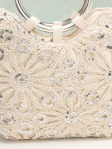 1pc Beige Hollow Crochet Floral Pattern Sequin Patchwork Women's Tote Bag, Metallic Silver Round Handle Handbag, Suitable For Summer, Countryside Style And Beach Vacation (Floral Sequin Pattern Randomly Distributed) - Beige - View 7