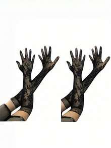 1双随机透明蕾丝弹力手套 - 黑色 - 查看 4