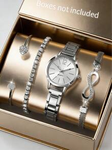 4件套女士玫瑰金不锈钢表带，时尚休闲经典阿拉伯数字表盘石英表，搭配钻石心形手链首饰套装，适合日常佩戴、装饰、送礼或节日礼物。 - 銀色 - 查看 7