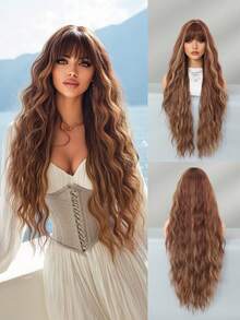 7JHH WIGS 36英吋銅棕色長捲髮女用假髮，優雅超長波浪髮型附瀏海，混金挑染，高品質免膠耐熱合成纖維，全機製，適合日常配戴、音樂節、派對、街頭、Cosplay、動漫或角色扮演，女孩畢業禮物及假髮配件 - 摩卡棕 - 查看 4