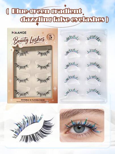 MAANGE 5 Pairs Blue-Green Gradient Dazzling False Eyelashes,Transparent Stem, 5-11mm Wispy Manga Lashes With Invisible Flexible Base, Pure Lively Anime Eye Makeup Lashes,Cat Eye Eyelashes,Summer Fresh Wispy Lashes,Reusable Colorful Strip Lashes For Daily, Party, Concert, Cosplay & Festival Makeup