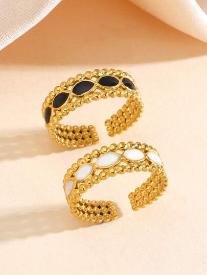 2Pcs Minimalist Black & White Enamel Geometric Ring Set Stainless Steel For Women Daily & Party Wear
