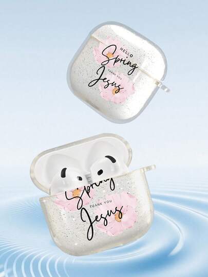 Pink Cherry Blossom With Handwritten "Hello Spring, Thank You Jesus" Elegant Aesthetic Design, Transparent Glitter Split-Case For Airpods4/Airpods3/Airpods2/AirpodsPro/AirpodsPro 2/AirpodsPro 3, High-Quality Item, Unique Design, Perfect Holiday Gift For Family And Friends