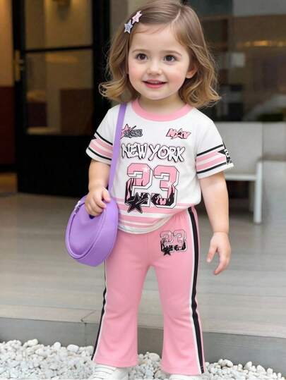 女童春夏运动风套装，字母/数字/星星/条纹印花短袖T恤+粉色撞色条纹数字/条纹印花喇叭裤两件套，甜美休闲，适合日常穿着