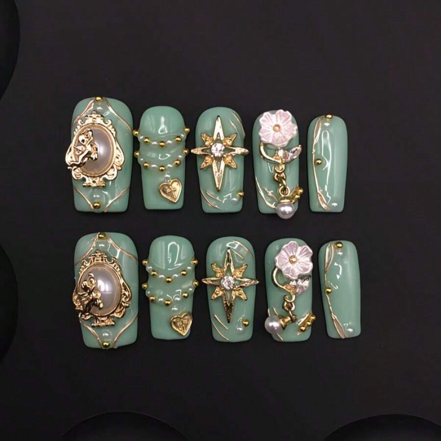 100% Handmade Nails, Square Vintage Style, Luxurious Metal Decoration, Pearl White Flower Pendant, Wearable Nails And Wearing Tools - Nhiều màu - Xem 1