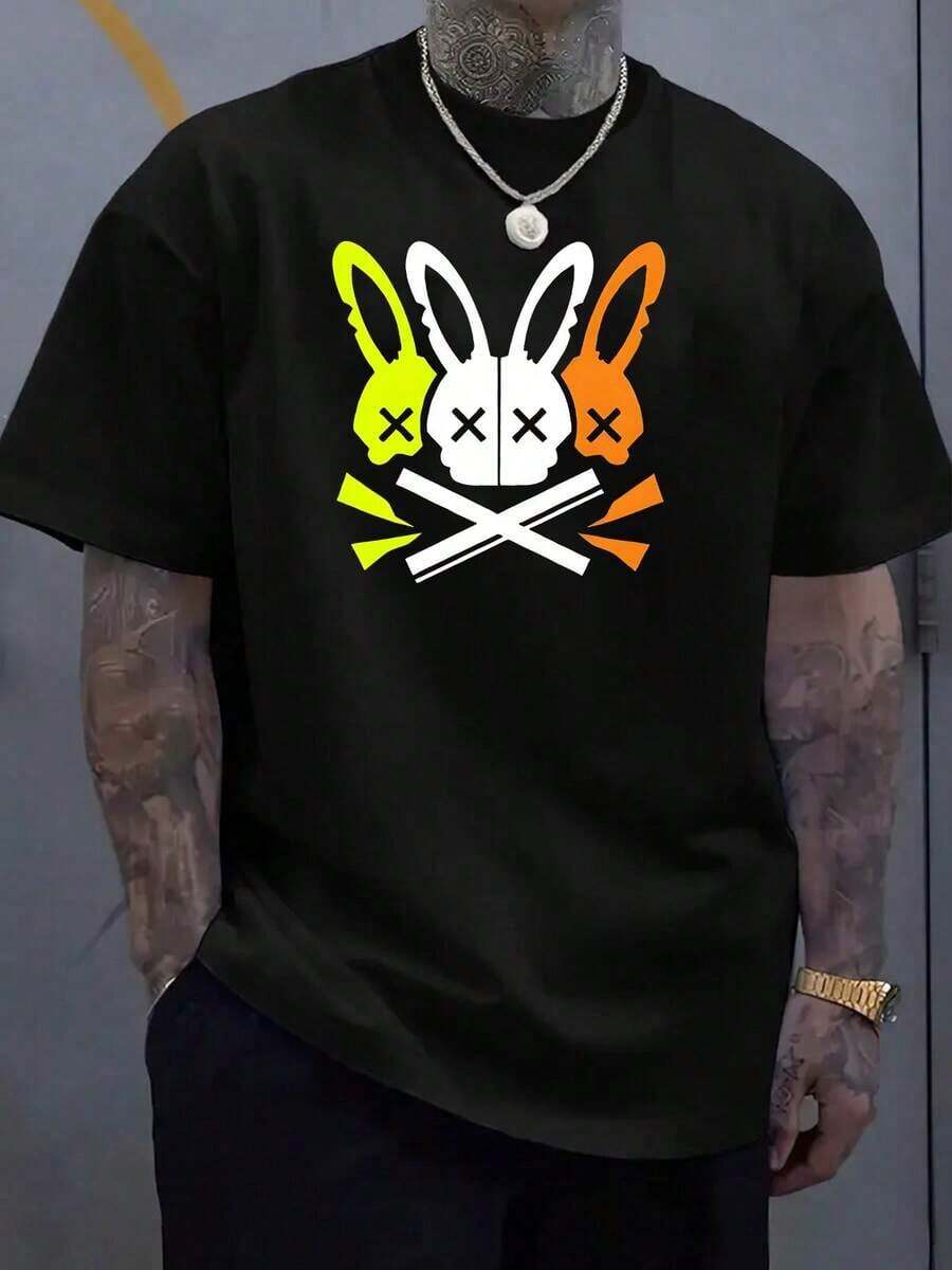 Camiseta Casual de Cuello Redondo para Hombre con Diseño Único de Calavera de Conejo - Poliéster Suave, Lavable a Máquina - Perfecta para el Verano - Negro - Ver 1