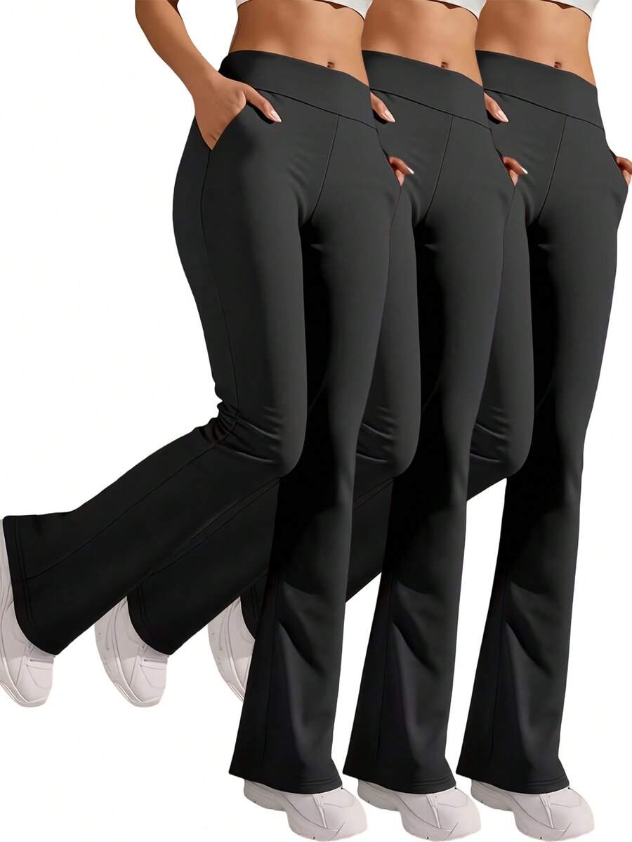 3-Pack Women's High Waist Solid Black Gray Red Flared Leggings With Side Pockets, Buttery Soft Yoga Pants For Fitness, Gym Training, Hiking, Lounge, Everyday Casual Wear Activewear - 3PCS(Black) - 查看 1