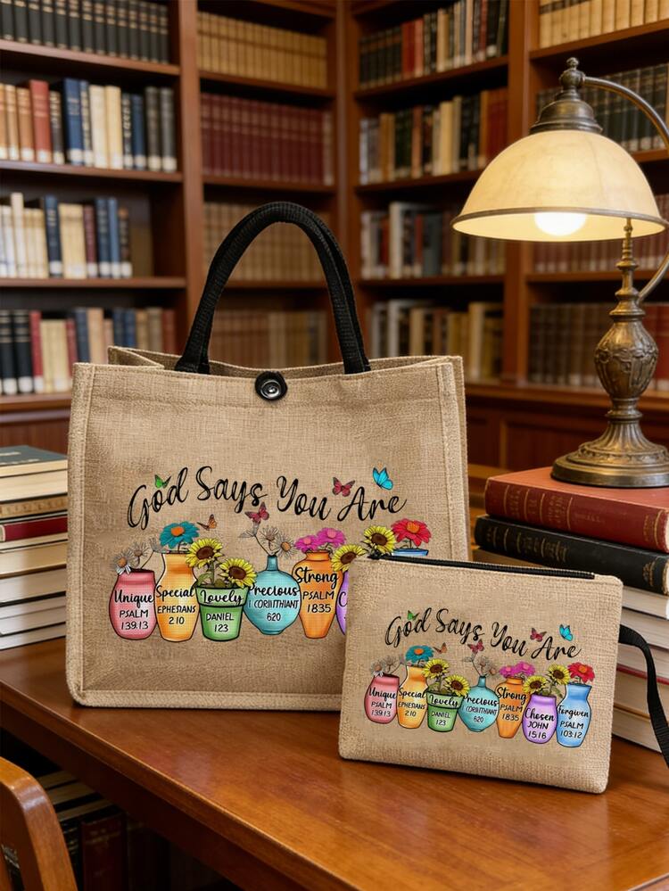 Inspirational "God Said You Are" Printed Canvas Tote Bag With Cute Portable Travel Organizer Pouch, Motivational Cosmetic Bag, Lightweight Makeup Organizer, Travel Essential Coin Purse, Canvas Tote Bag And Cosmetic Bag Set, Floral Bible Verse Cosmetic Bag, Vacation Style Lettering Design Bag, Suitable For Travel, Vacation, Business, Fitness And Camping, Great For Christian Gifts, Encouragement, Affirmation Gifts, Friend Gifts - Multicolor - View 13