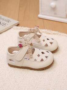 1双夏季新款婴儿镂空软底幼儿鞋，樱桃蝴蝶结公主鞋，透气防滑幼儿鞋 - 米色 - 查看 2