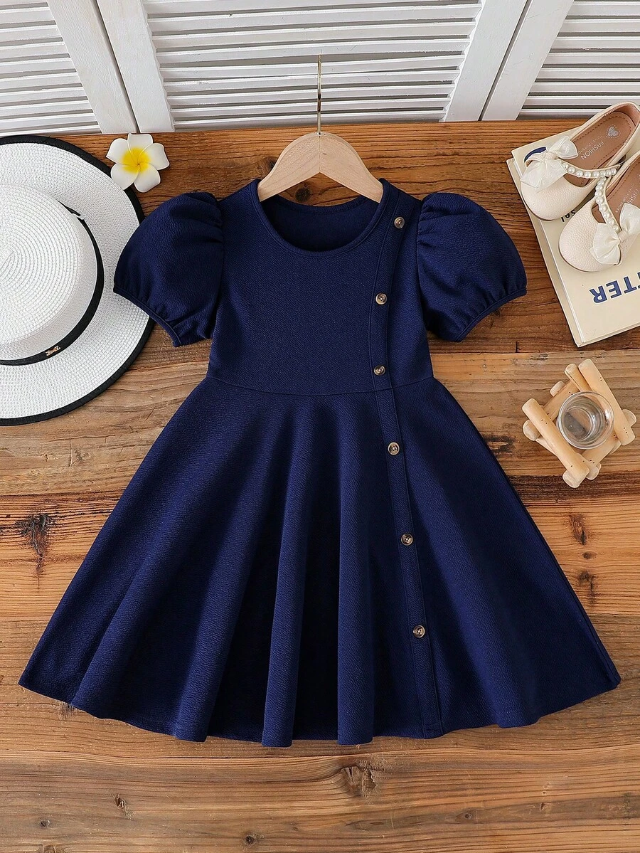 Toddler Girls' Solid Color Bubble Short Sleeve Dress With Faux Button Decor, Daily Wear - Navy Blue - View 1