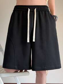 男士纯色抽绳弹力腰短裤，厚实针织面料，抗皱，可机洗/干洗，舒适亲肤，简约休闲复古风，适合春夏外出、休闲、日常通勤。 - 黑色 - 查看 2