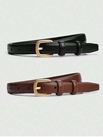 2pcs Buckle Decor Casual Thin PU Leather Belt, Suitable For Jeans, Skirts, Summer, Autumn, Winter, Halloween And Other Seasons