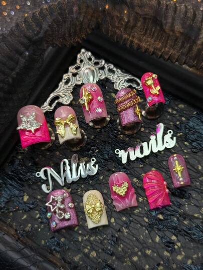 10pcs Square Acrylic Nail Kit, Rose Red Nails, Rose Tie Dye, Rose Red&Off White French Nails, Hand Drawn Three-Dimensional Transparent Water Ripples, 3D Gold Bow&Rose&Gold Chain&Iridescent Diamonds&Hollow Stars And Other Nail Accessories Accessories, Sweet And Cool Spicy Girl Style, Y2K Style Nail Art Set,Very Suitable For Women And Girls To Attend Theme Parties&Ceremonies&Everyday&Valentine's Day And Other Holiday Uses,Including One Piece Of Jelly Glue And One Friction Strip Nail Stuff
