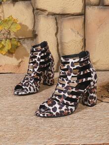 Women's Chunky Heel Beige Suede Leopard Print Ankle Boots, Spring/Summer New Fashion Versatile Rear Zipper Hollow Sandals Round Toe High Heel Roman Shoes Casual Holiday Party Outdoor Comfortable Plus Size Thick Heel Ankle Boots High Heel Sandals - White - View 7