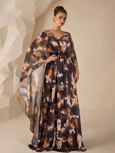  SUPGIR Women's [Random Cut] Elegant V-Neck Pearl Decor Chiffon Patchwork Long Sleeve Fitted Evening Dress