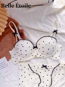 Belle Étoile New Sexy Polka Dot Bow Lingerie For Women, Small Bust, Push-Up, Non-Empty Cup, Anti-Sagging, Wire-Free Bra Set - trắng - Xem 1